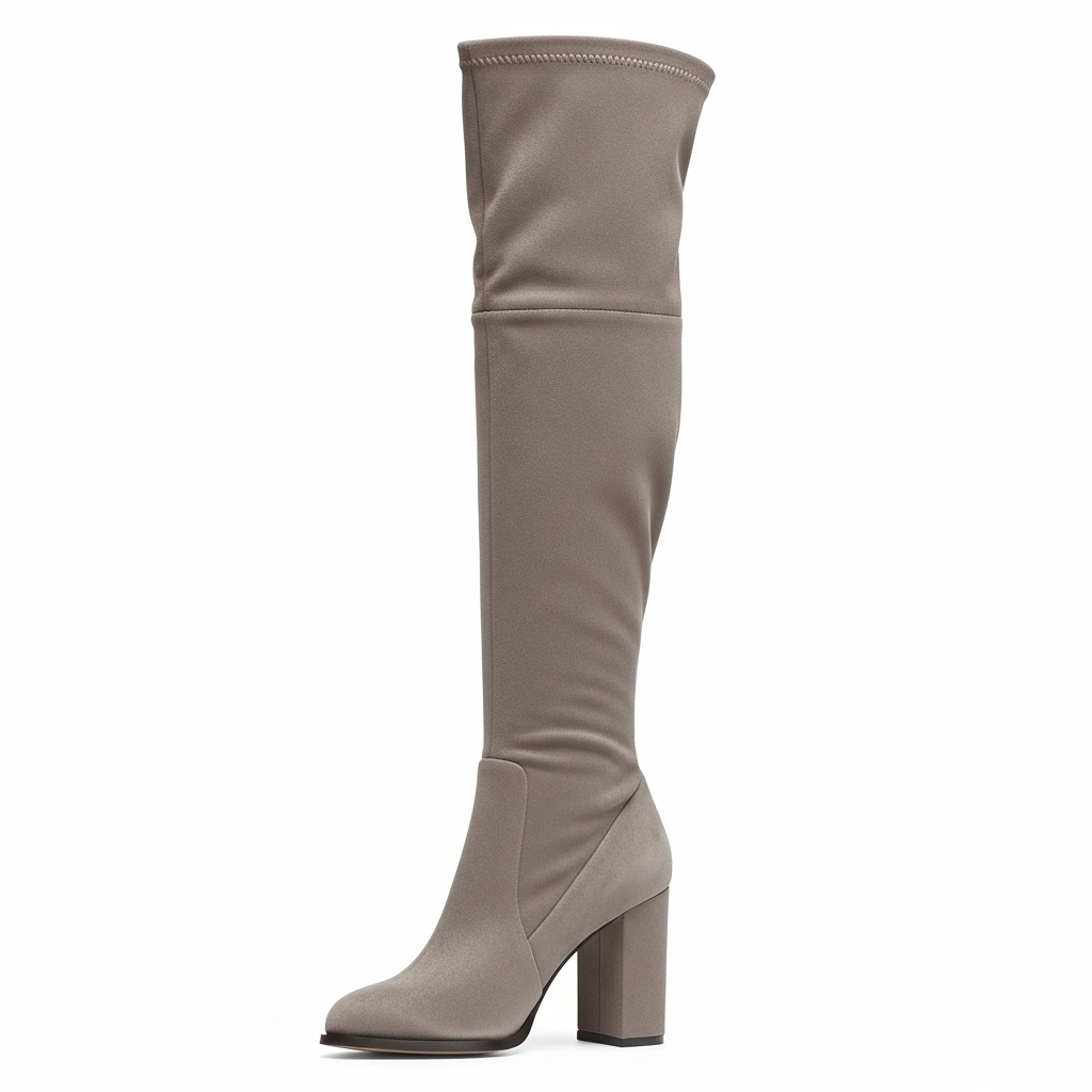 灰色过膝长靴侧面图，突显鞋跟设计与靴筒材质