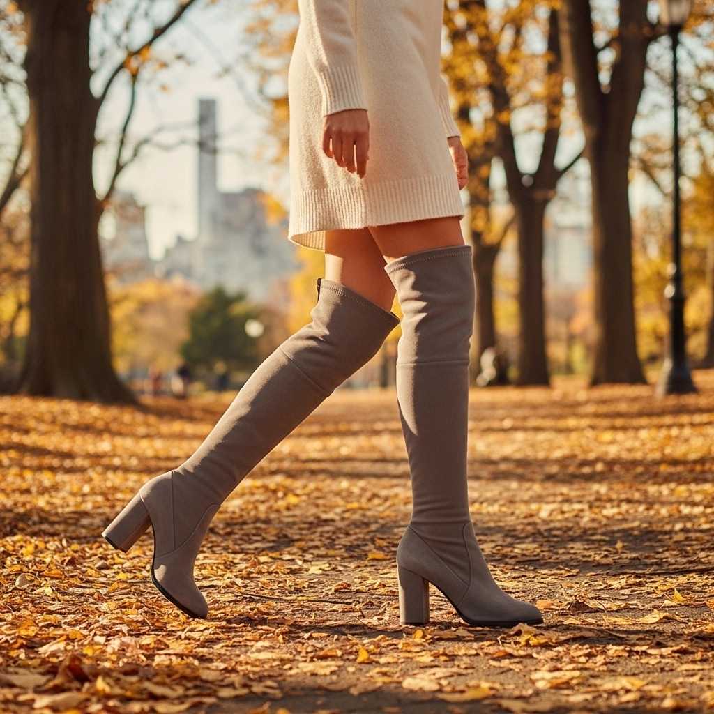 身着白色连衣裙的模特在秋日公园穿着过膝长靴漫步