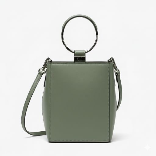 AI设计的鼠尾草绿色水桶包正面图，突出展示其圆形金属手柄