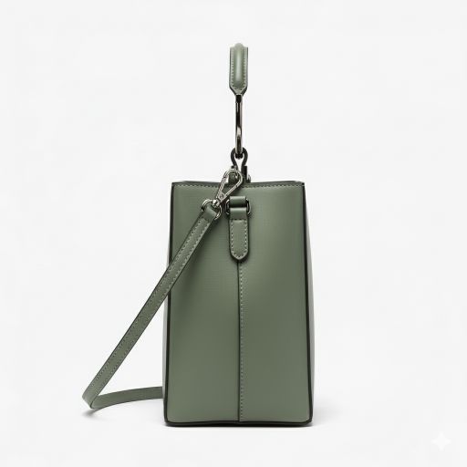 水桶包的背面视图，展示了肩带的连接方式