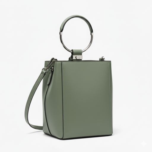 水桶包的后侧面视图，光线勾勒出皮革的边缘