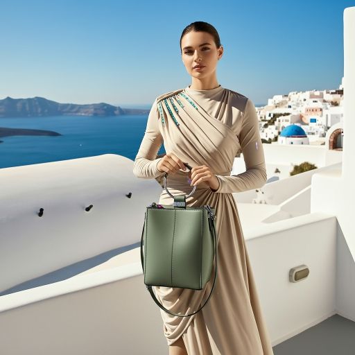 AI模特手持鼠尾草绿色水桶包，背景是圣托里尼海景，姿态优雅