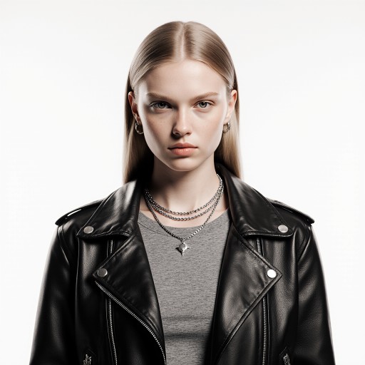 AI虚拟模特Anya正面肖像，身穿黑色皮夹克，眼神冷峻