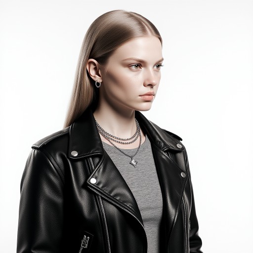 Anya的侧面肖像，展现其清晰的面部轮廓和层次感项链