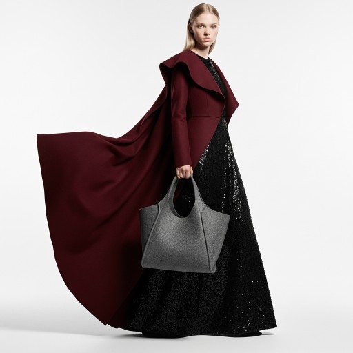 Anya身着酒红色大衣和亮片长裙，手持灰色托特包，在海边白色建筑中回眸