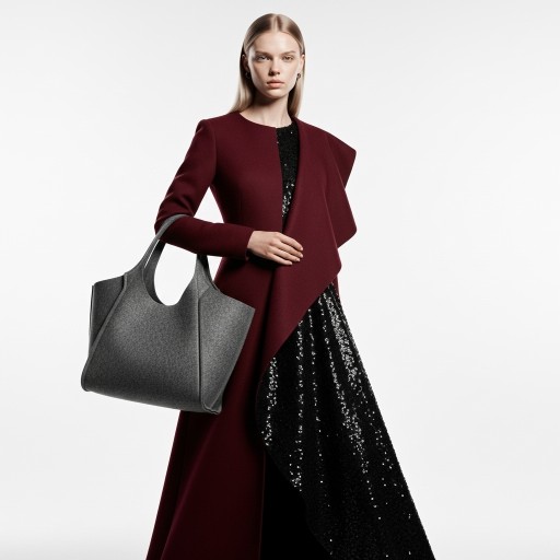 Anya正面展示造型，大衣的不对称设计和亮片裙形成对比