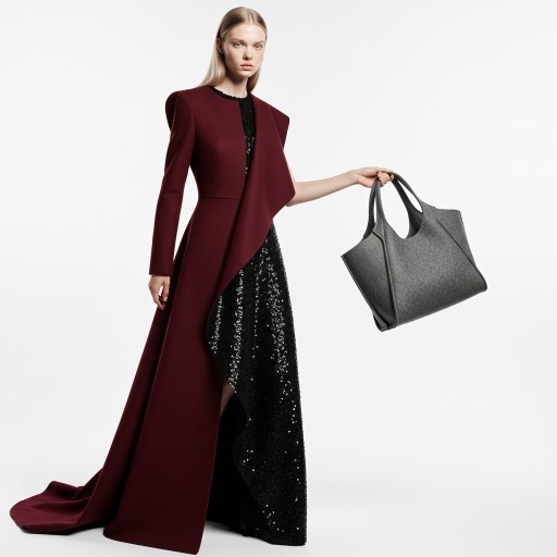 Anya侧身抬起托特包，展现包袋的廓形和服装的整体线条