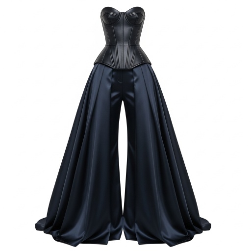 AI设计的黑色皮革束腰与午夜蓝缎面阔腿裤组合服装