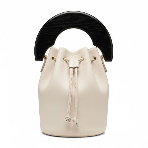 AI设计的米白色水桶包，配有独特的黑色半月形木质手柄