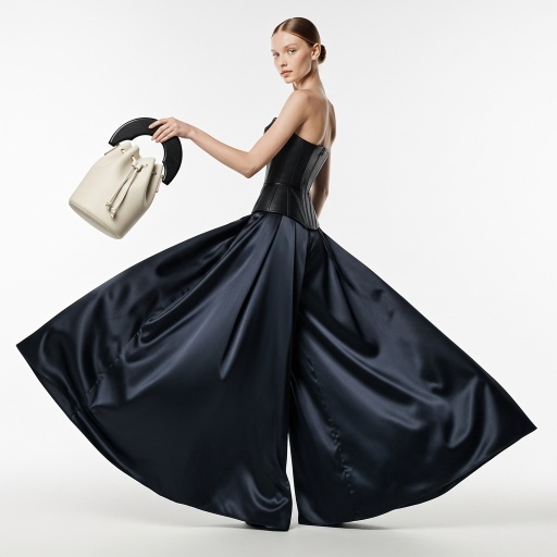 虚拟模特身着全套服装，手持水桶包，阔腿裤展开如裙摆