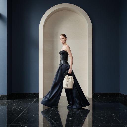 Astrid在室内场景侧身，展现皮革束腰的硬朗与缎面裤的流动