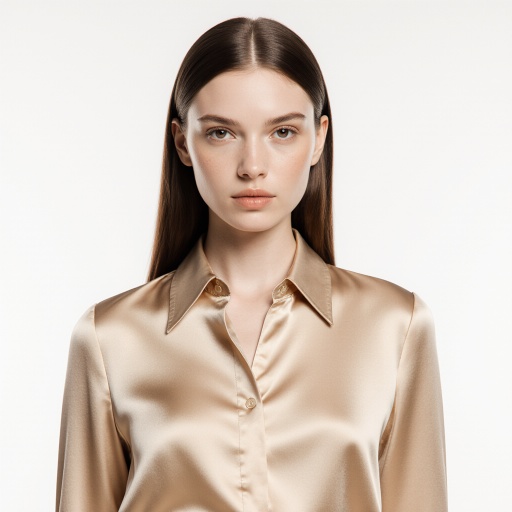 AI虚拟模特Genevieve正面肖像，身穿香槟色丝绸衬衫，眼神平静