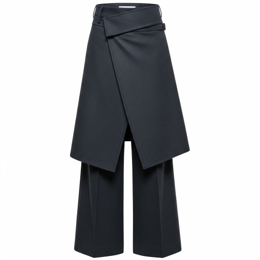 AI设计的深海军蓝'裙裤'/'武士裤'，展示其围裹裁片结构