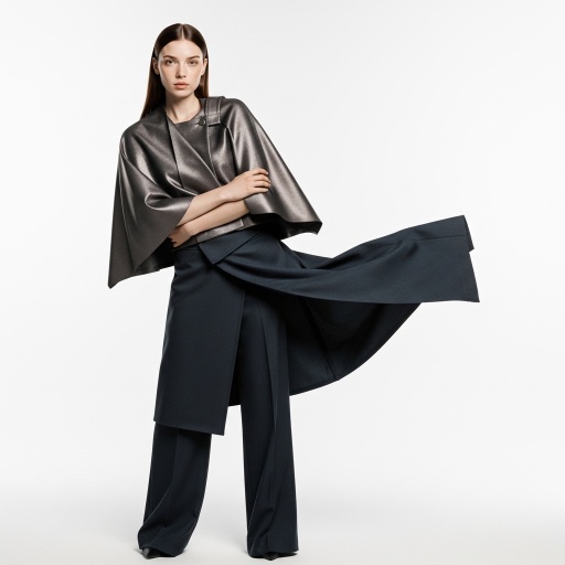 Genevieve身着全套OOTD的静态展示，裙片飞扬，造型前卫