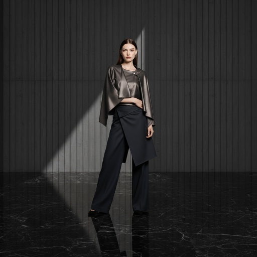 Genevieve身着OOTD，在深色极简室内，被斜光照射