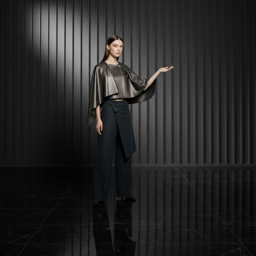 Genevieve在室内侧身伸手，展现斗篷的流动感