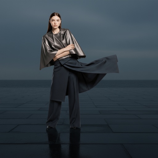 Genevieve站在黑色石阶上，背景是阴郁海天，裙片飞扬