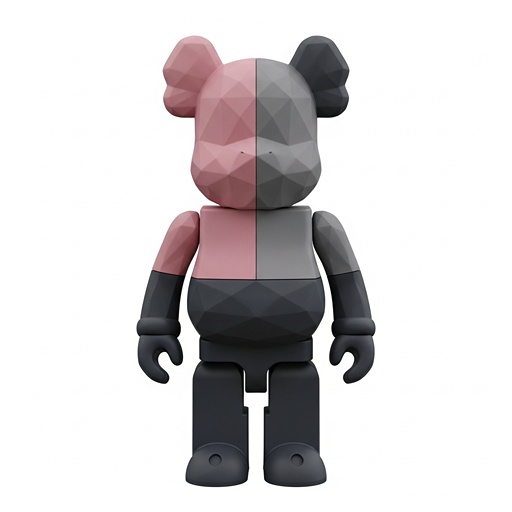 AI设计的'二元和声'潮玩正面图，在纯白背景下