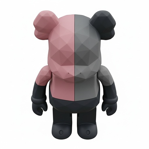 '二元和声'潮玩正面放大图，清晰展现几何切割表面与色彩中线