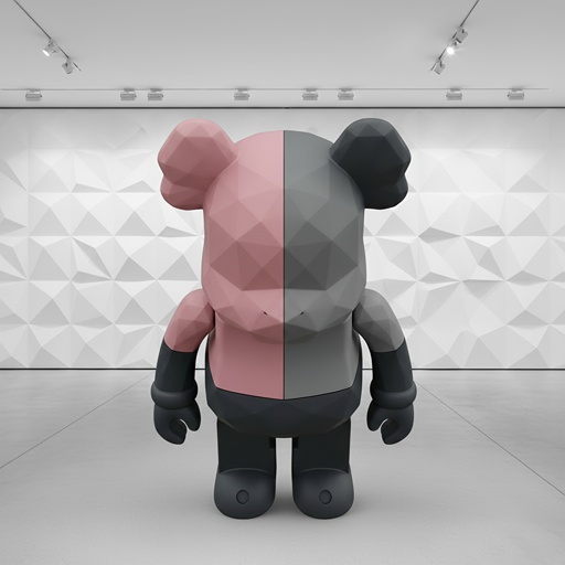 潮玩在纯白艺术展厅中，正面视角