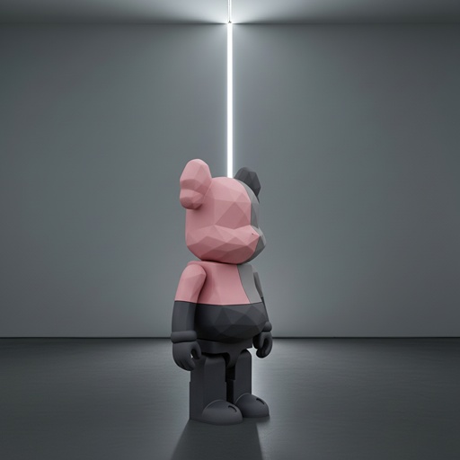 潮玩在极简暗室中，被一道垂直光线照射，展现粉色一面