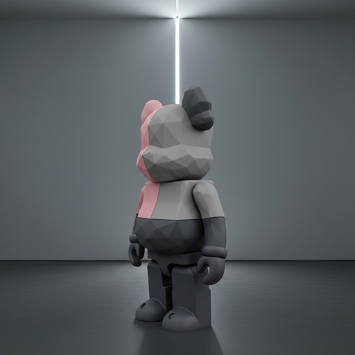 潮玩在极简暗室中，被一道垂直光线照射，展现灰色一面