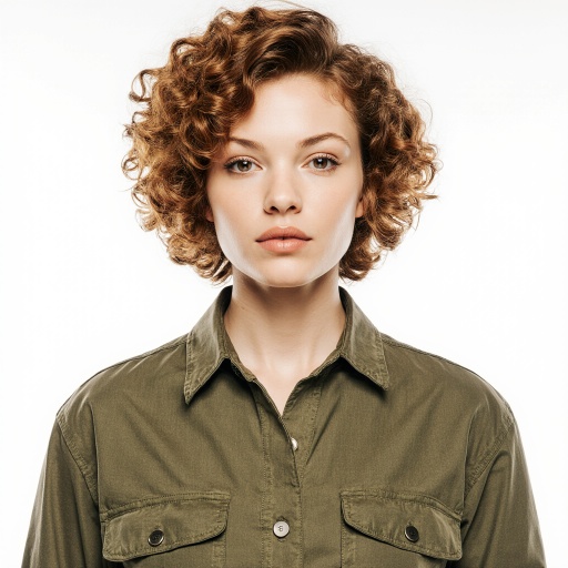 Fia半身照：赤褐色卷发与极简立领的对比