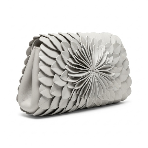 包袋静物图：珍珠白花瓣手拿包的有机3D形态