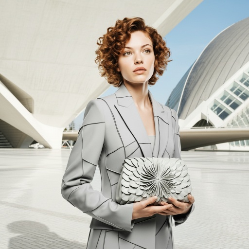 背面展示：西装的利落背部线条与建筑结构融合