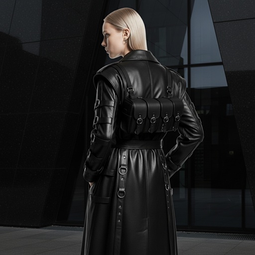 背面展示：大衣背部的脊椎结构与建筑线条平行